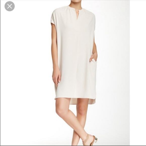 Vince cream popover shift dress short sleeve boxy tunic split neck spring summer - Picture 2 of 10